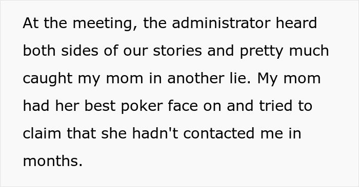 Text excerpt about a meeting revealing parents lied about food allergies and no contact with their daughter.