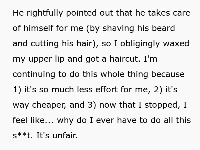 Text excerpt about man regretting mocking girlfriend's long beauty routine and asking her to resume shaving and makeup.