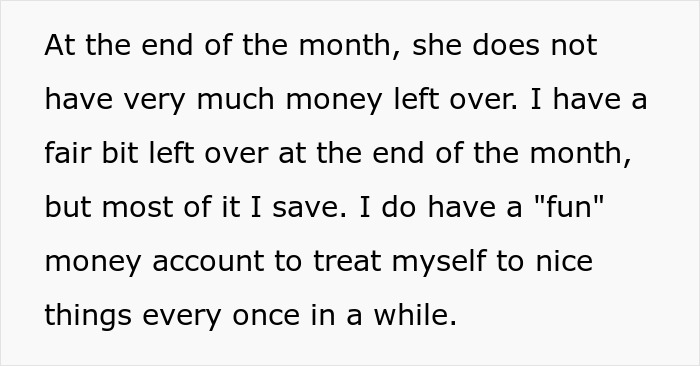 Text excerpt about a woman discussing money management and refusing to combine income with her boyfriend due to financial differences. Text excerpt about a woman discussing money management and refusing to combine income with her boyfriend due to financial differences.