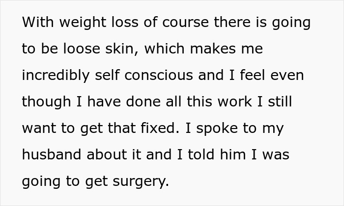 Text about wife planning surgery after weight loss and husband calling her selfish for postponing another child discussed.