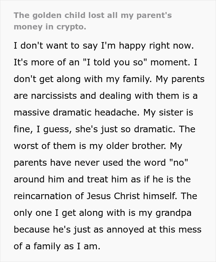 Text excerpt about family conflict and the golden child losing parents money in crypto, describing drama and relationships.