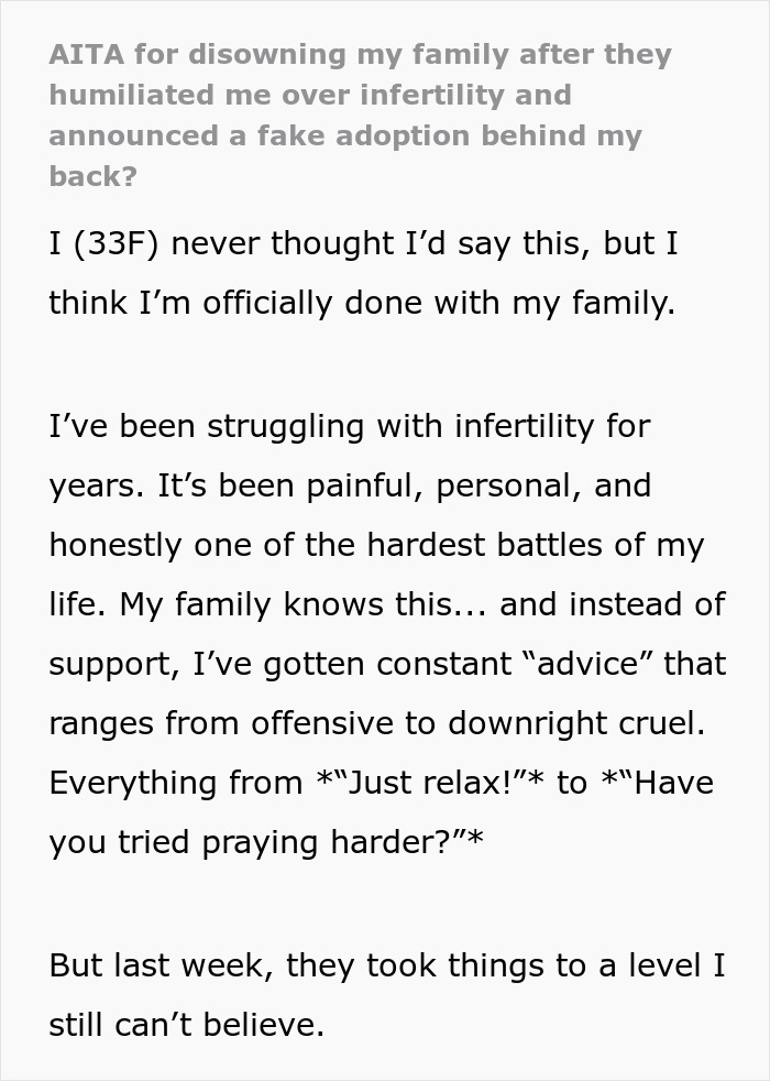 Woman struggles with infertility and faces family drama over bizarre fake adoption plans behind her back.