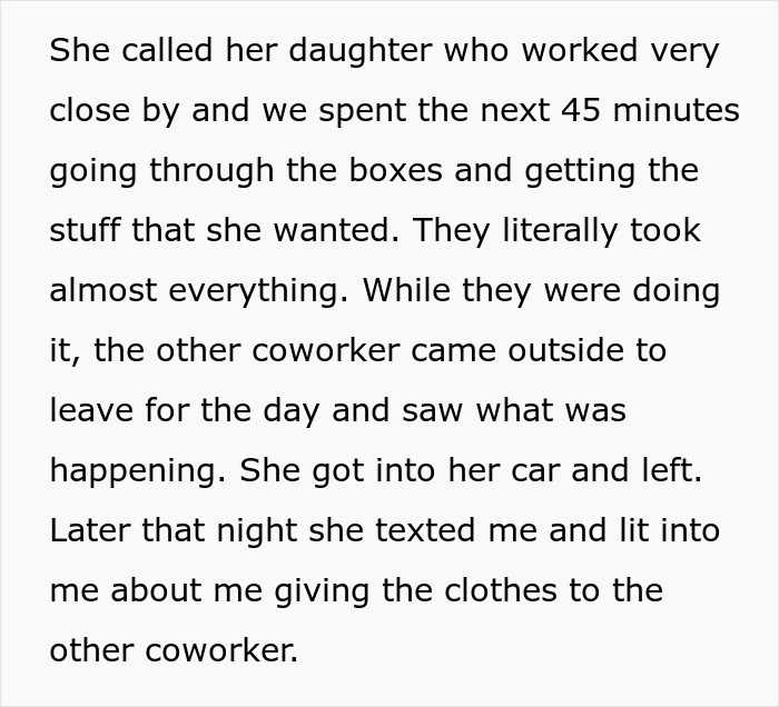 Text excerpt describing a woman upset after coworker offers old clothes too skinny for her, involving weight loss conflict. Text excerpt describing a woman upset after coworker offers old clothes too skinny for her, involving weight loss conflict.