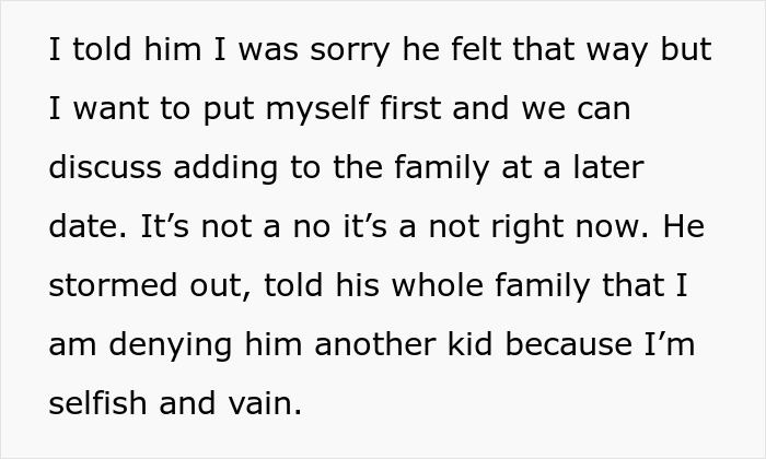Text about wife planning surgery after weight loss and husband calling her selfish for postponing having another child.