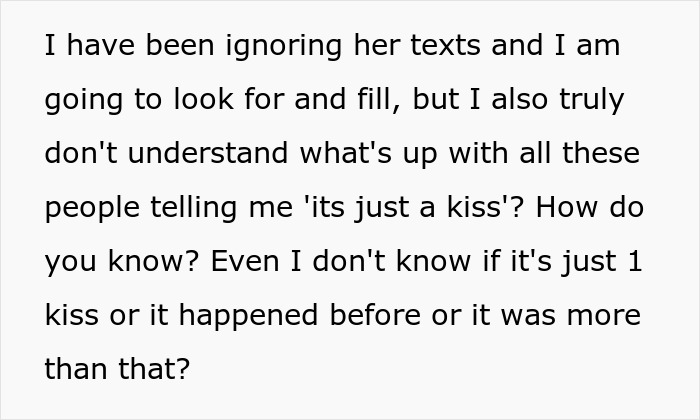Text excerpt discussing confusion about a lady kisses another man and family reactions to divorce over one kiss.
