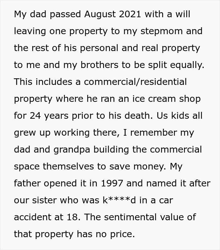Grieving daughter recalls family ice cream shop legacy and step-monster conflict over inherited commercial property.
