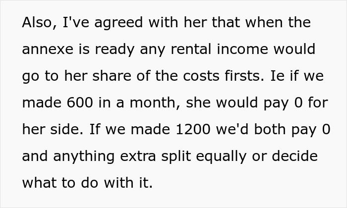 Text showing arrangement about rental income covering costs, related to woman refusing to contribute to bills after boyfriend&rsquo;s $600K house purchase.