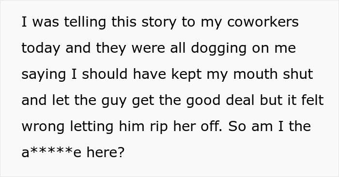 Text post about feeling conflicted over stopping a rich guy from ripping off widow by buying golf clubs cheap.