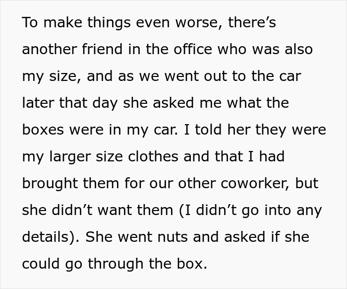 Text excerpt about coworker offering old clothes too skinny woman after losing weight causing tension at office. Text excerpt about coworker offering old clothes too skinny woman after losing weight causing tension at office.