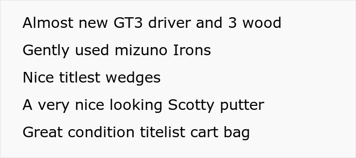Golf clubs listing including GT3 driver, Mizuno irons, Titleist wedges, Scotty putter, and Titleist cart bag for sale.
