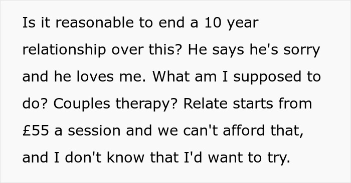 Text excerpt showing someone questioning ending a long relationship after a partner brings up open marriage and therapy costs.