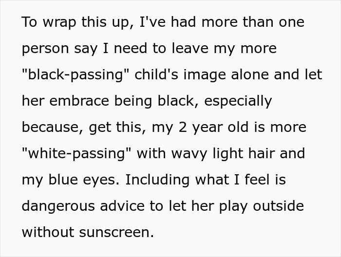 Text discussing a mom facing criticism from woke folks for whitewashing after brushing out her biracial daughter's curls.