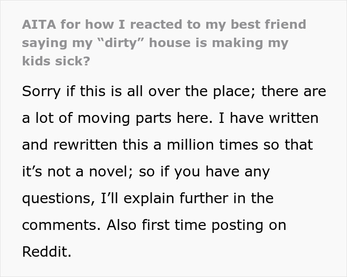 Text excerpt from Reddit post about an exhausted mom shamed by bestie over not having a spotless house.