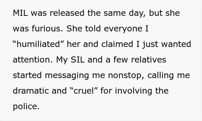 Text describing a dramatic family conflict where a monster-in-law endangers the daughter-in-law, leading to police removal.