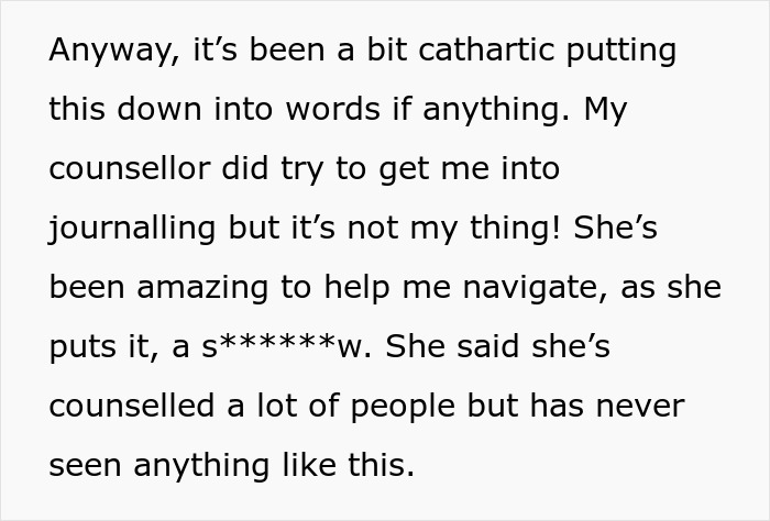 Text about a man siding with daughter&rsquo;s cheating ex during divorce, describing emotional struggles and counseling support.