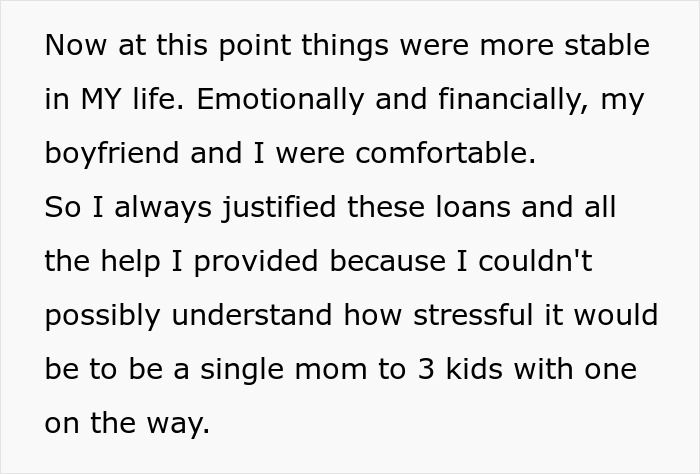 Text excerpt discussing emotional and financial stability while supporting a friend who is a single mom with multiple kids.