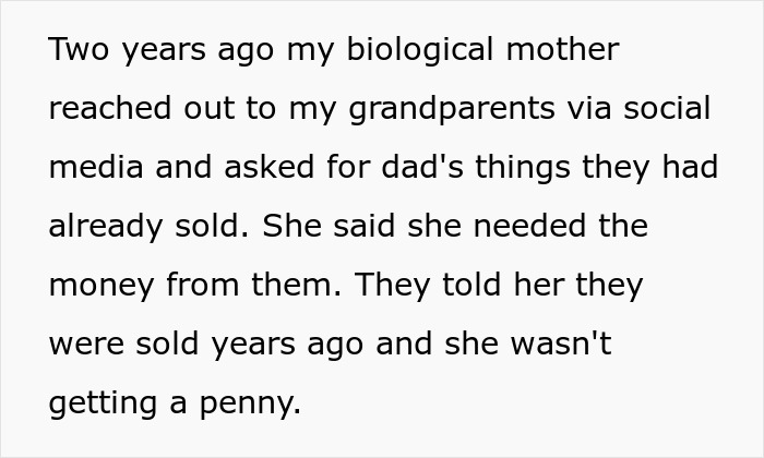 Text from user sharing how bio mom abandoned 4YO son and later begged for financial support from family members. Text from user sharing how bio mom abandoned 4YO son and later begged for financial support from family members.