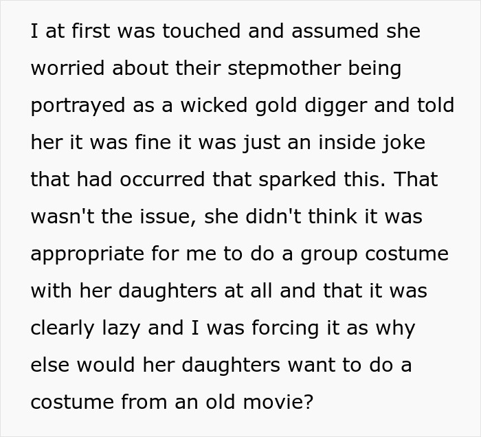Text excerpt discussing concerns about including stepmom in twins' group Halloween costume, viewed as inappropriate by mother.