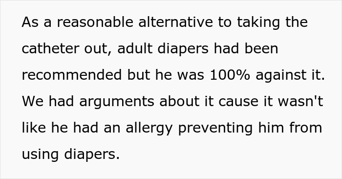 Text about adult diapers and catheter refusal, highlighting arguments and alternative care options.