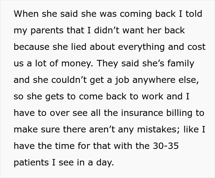 Alt text: Doctor refuses to rehire sister after she cost the medical practice $40,000, causing parents to freak out.