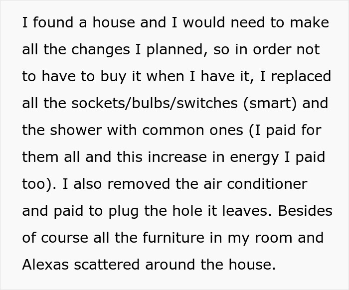 Text excerpt describing changes made to a house, related to parents kicking out daughter and her remodeled room.