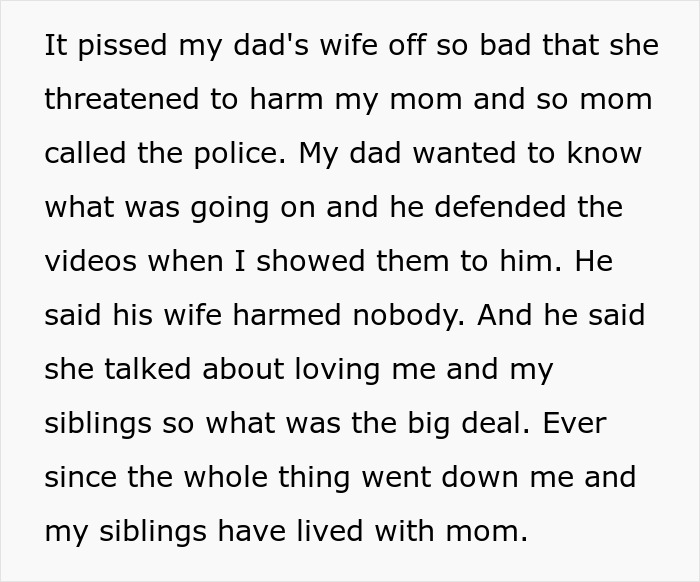 Text from a teen describing conflict with stepmom over threats and lies, highlighting stepmom&rsquo;s hypocrisy and family tensions.