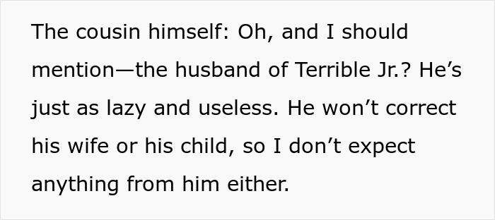 Text showing a cousin criticizing the husband of his wife for being lazy and not correcting his child or wife.
