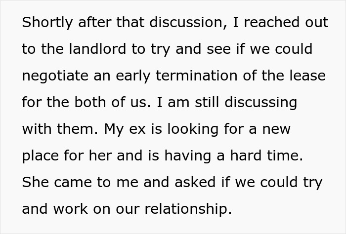 Text showing a woman’s story about negotiating lease termination and discussing relationship struggles with her ex. Text showing a woman’s story about negotiating lease termination and discussing relationship struggles with her ex.