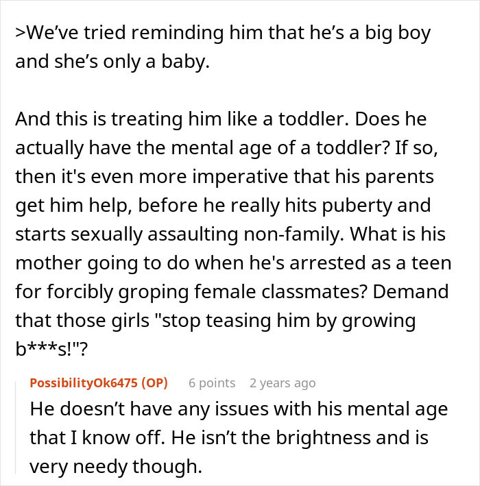 Comment discussing parents refusing to get help for 11-year-old acting creepy around newborn stepsister.