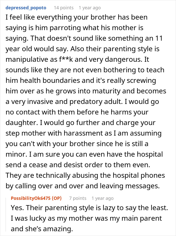 Comment discussing manipulative parenting and concerning behavior of 11-year-old stepson around stepsister who gave birth.