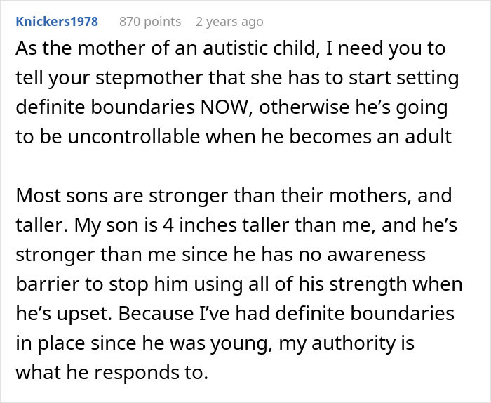 Comment from mother of autistic child discussing need for stepmother to set boundaries to manage behavior challenges.