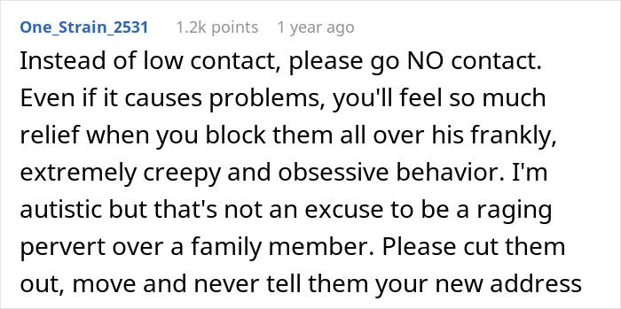 Comment urging no contact due to creepy, obsessive behavior by 11-year-old stepsibling after birth, parents refuse help.