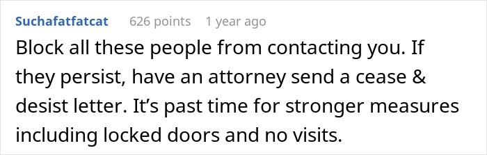 Comment advising to block people and use legal measures like cease & desist letters amid creepy behavior from 11-year-old around stepsister.