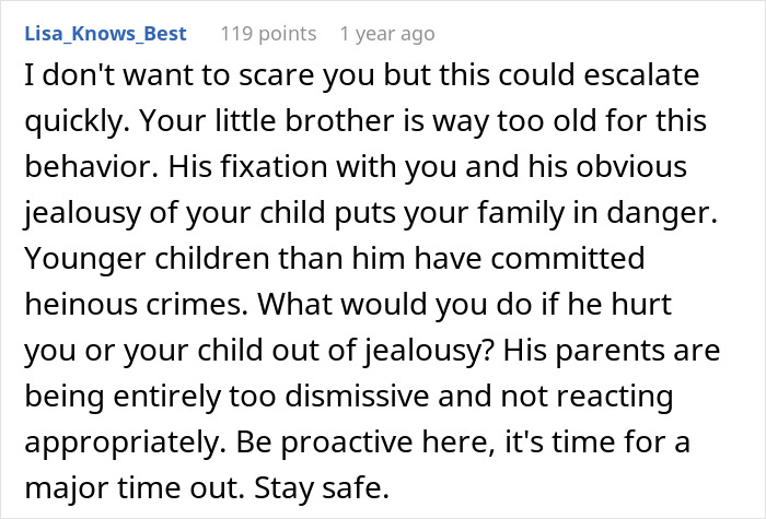 Comment warning about an 11-year-old acting beyond creepy around stepsister and parents refusing to get help for the behavior.