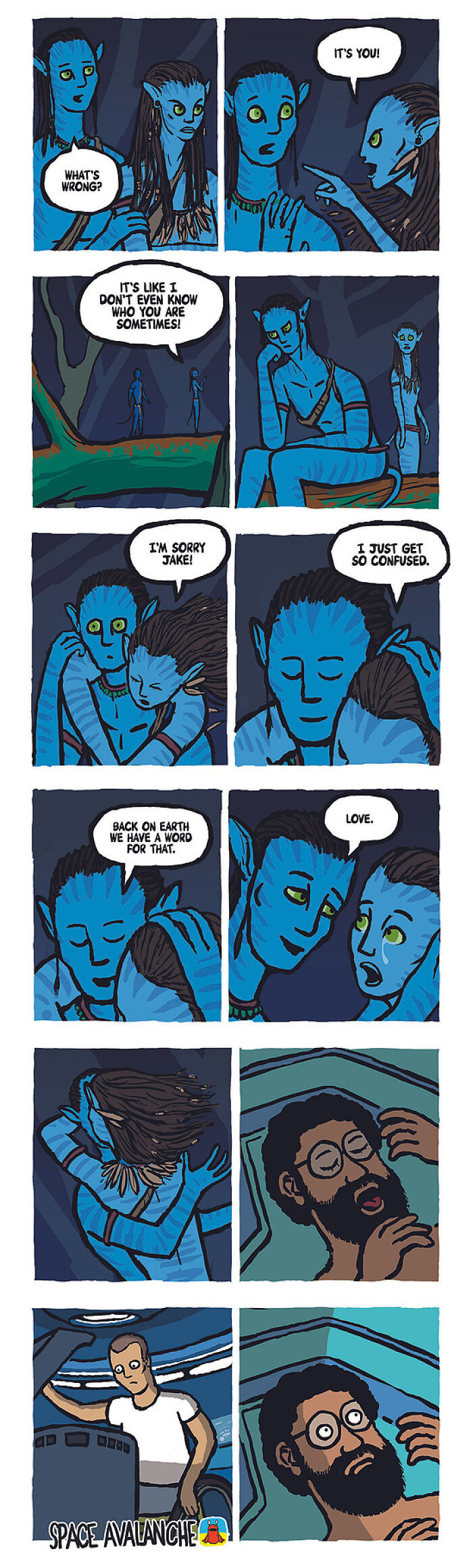 Comic panels from Space Avalanche featuring blue-skinned characters in a darkly funny, peculiar sense of humor scene.