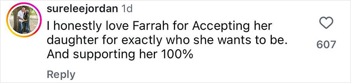 Comment praising Farrah Abraham for supporting her 16-year-old daughter's choice of a pelvic tattoo. Comment praising Farrah Abraham for supporting her 16-year-old daughter's choice of a pelvic tattoo.