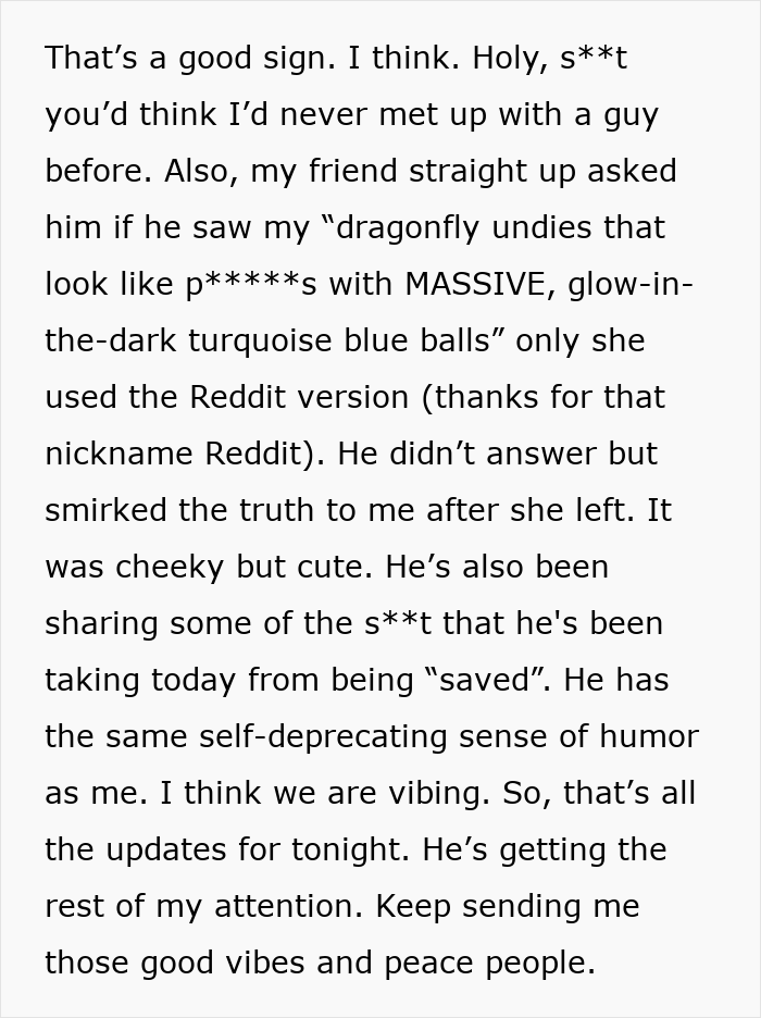 Text excerpt describing a lady&rsquo;s awkward yet successful attempt to save an elite military diver and score a date.