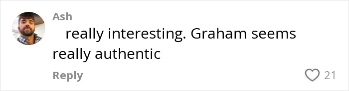 User comment on social media reading Graham Norton seems authentic, with user profile image and 21 likes visible. User comment on social media reading Graham Norton seems authentic, with user profile image and 21 likes visible.