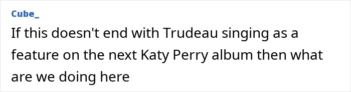Text comment about Trudeau and Katy Perry album referencing romance rumors and public speculation online.
