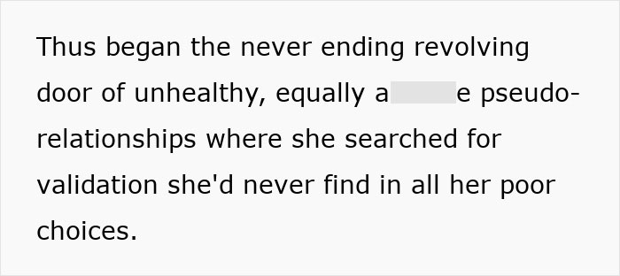 Text excerpt describing a woman reflecting on unhealthy pseudo-relationships and poor choices in a revolving door cycle.