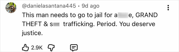 Screenshot of a social media comment accusing a man of grand theft and trafficking amid disturbing new details after adult star split.