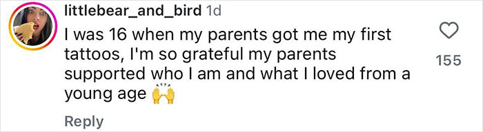 Instagram comment from user littlebear_and_bird sharing their gratitude for parents supporting their first tattoos at age 16 amid pelvic tattoo controversy. Instagram comment from user littlebear_and_bird sharing their gratitude for parents supporting their first tattoos at age 16 amid pelvic tattoo controversy.