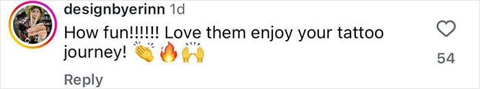 Instagram comment from designbyerinn expressing excitement and support for a tattoo journey related to a pelvic tattoo controversy. Instagram comment from designbyerinn expressing excitement and support for a tattoo journey related to a pelvic tattoo controversy.
