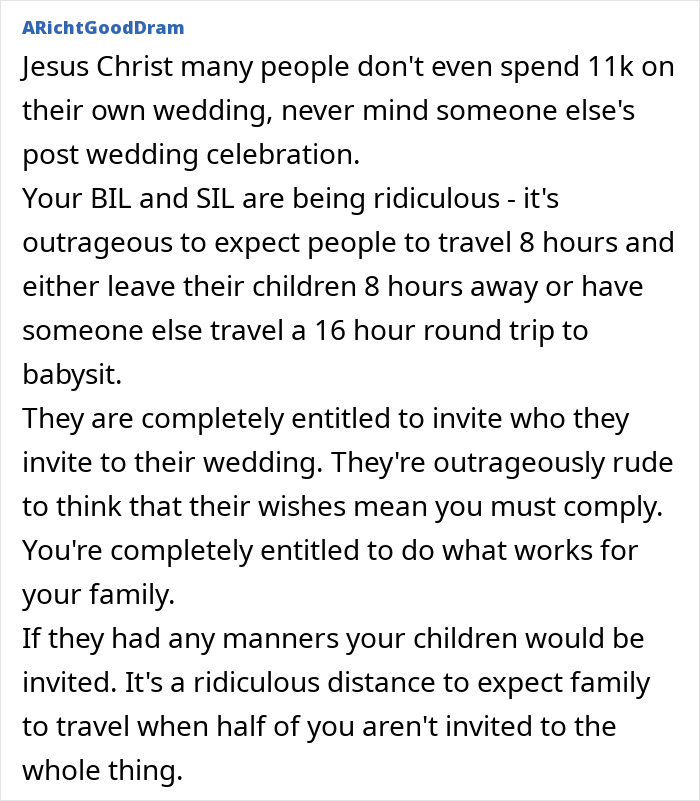 Comment discussing a couple willing to travel 8 hours and spend £11k on brother-in-law's child-free wedding plans. Comment discussing a couple willing to travel 8 hours and spend £11k on brother-in-law's child-free wedding plans.