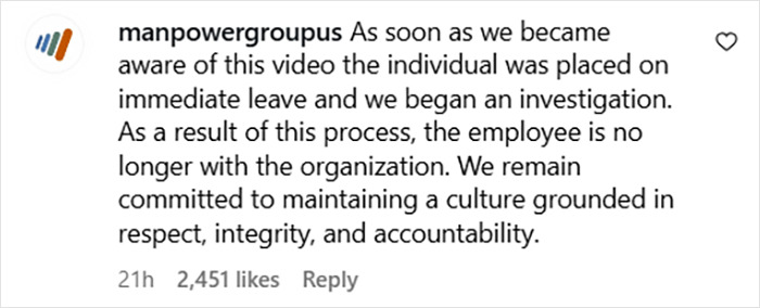 Screenshot of ManpowerGroup's statement confirming the Baseball Karen was fired after racist rant toward war veteran.