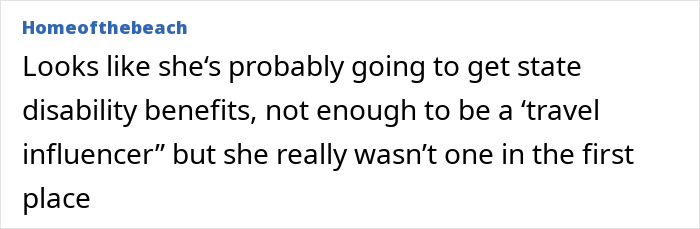 Comment text on a white background discussing a plus-size activist and state disability benefits in an online forum. Comment text on a white background discussing a plus-size activist and state disability benefits in an online forum.