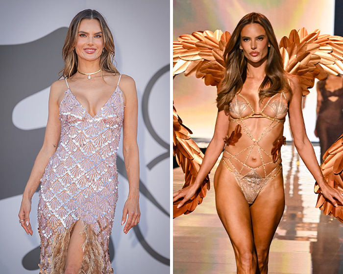 Before-and-after shots of Victoria's Secret models highlighting differences in fake tan on runway and red carpet.