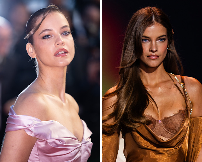 Before-and-after shots of Victoria's Secret models highlighting the noticeable differences in fake tan application.