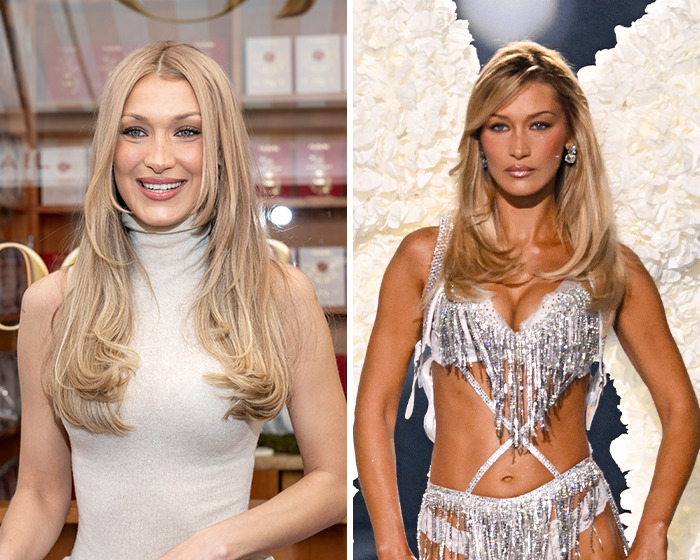 Before and after shots of Victoria's Secret models showing differences in fake tan and skin tone.