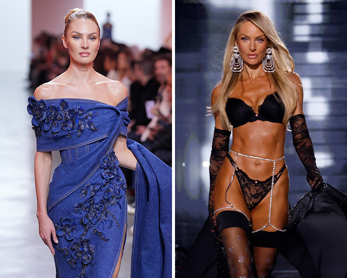 Victoria's Secret models shown in before-and-after shots highlighting differences in fake tan application on runway.